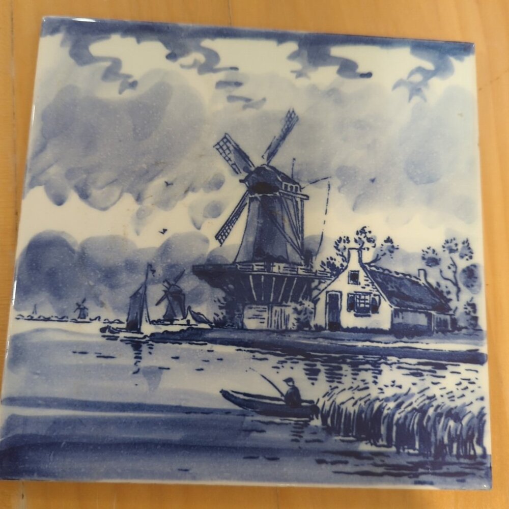DELFTS Hand Painted Dutch Windmill 6"x6" Ceramic Tile Holland Blue -lp